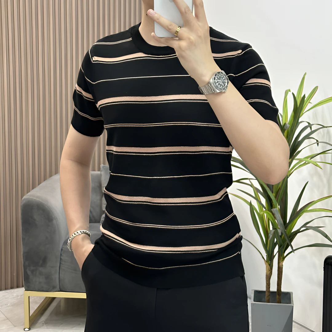 秋冬新款男士薄款圆领条纹短袖休闲时尚百搭修身商务潮流针织T恤