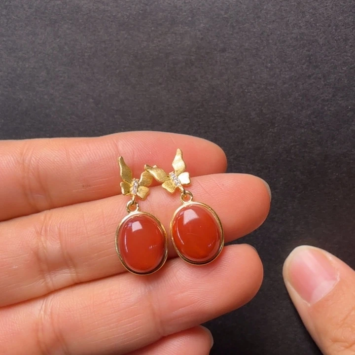 南红玛瑙银S925镀金镶嵌耳饰