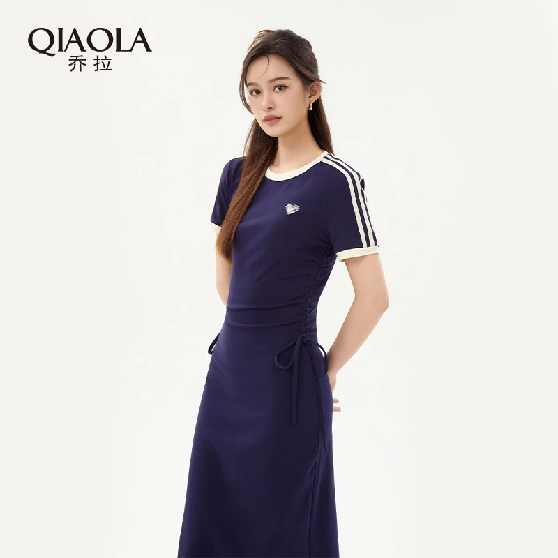 QIAOLA/乔拉【足球宝贝】夏弹力针织拼色休闲显瘦百搭减龄裙子