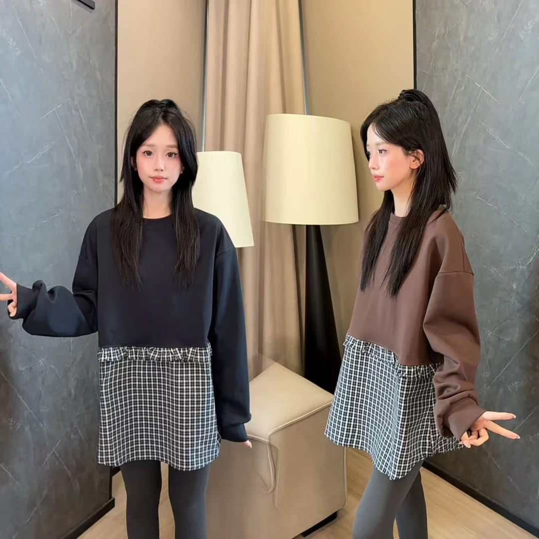二姐的宝藏早秋新款洋气韩版木耳边格纹拼接圆领套头上衣#25288