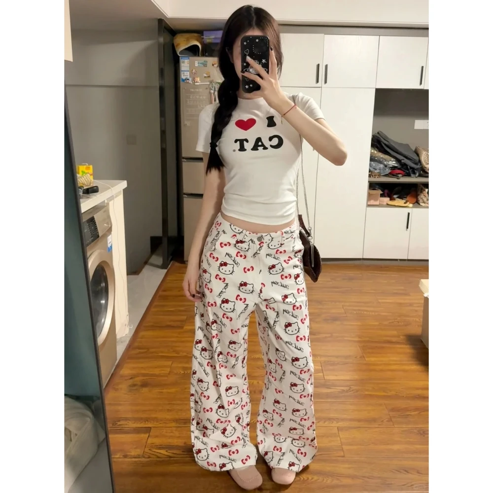 【清仓+运费险】满印HelloKitty白色休闲阔腿裤宽松显瘦直筒拖地裤