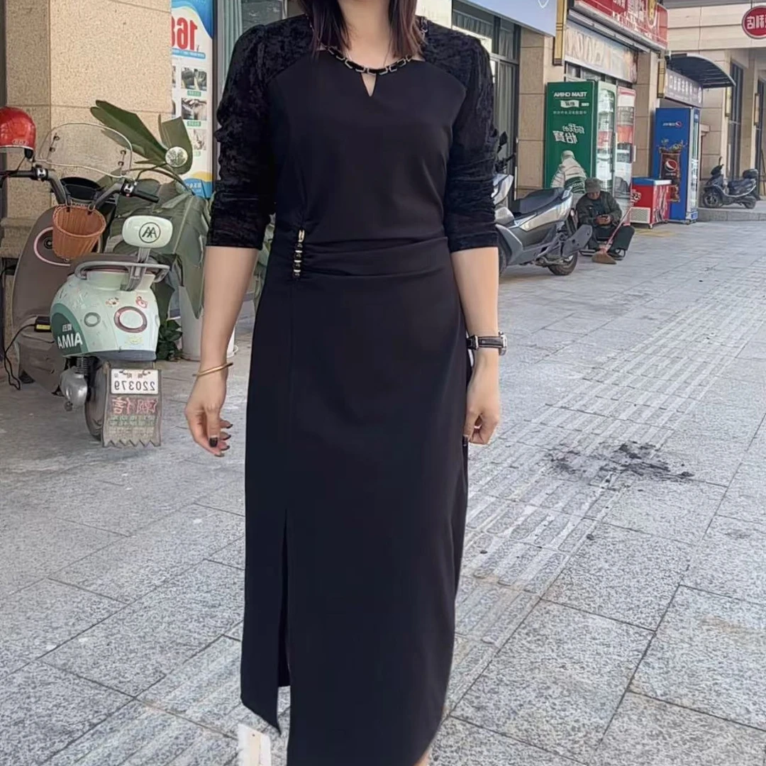 秋季新款黑色收腰显瘦长袖气质优雅连衣裙