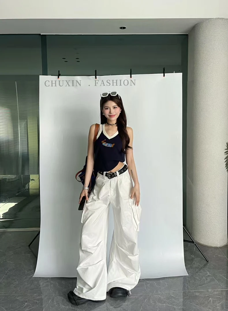 2025辣妹潮款褶皱设计感宽松休闲工装裤