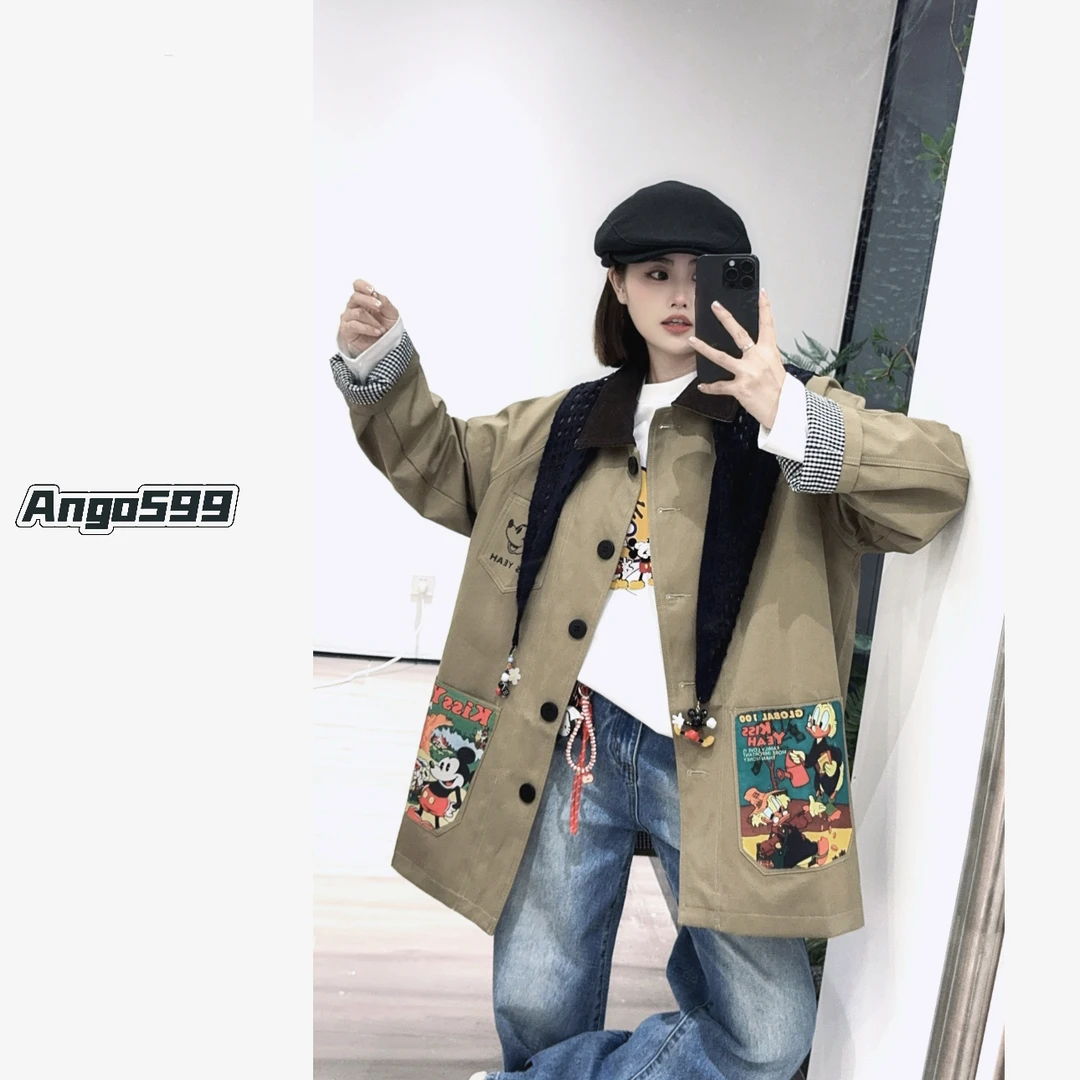 中古米奇* 小众设计师款卡通涂鸦口袋复古时髦休闲翻领工装外套