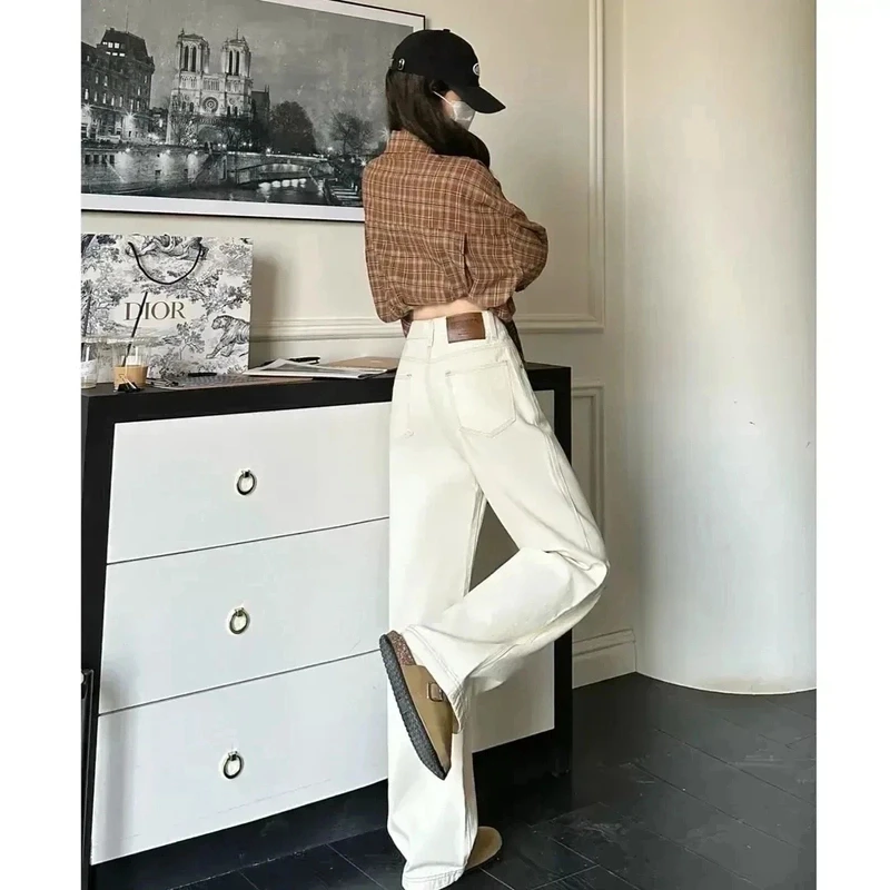3【送腰带/运费险】米杏色牛仔裤高腰宽松显瘦显腿长窄版阔腿裤