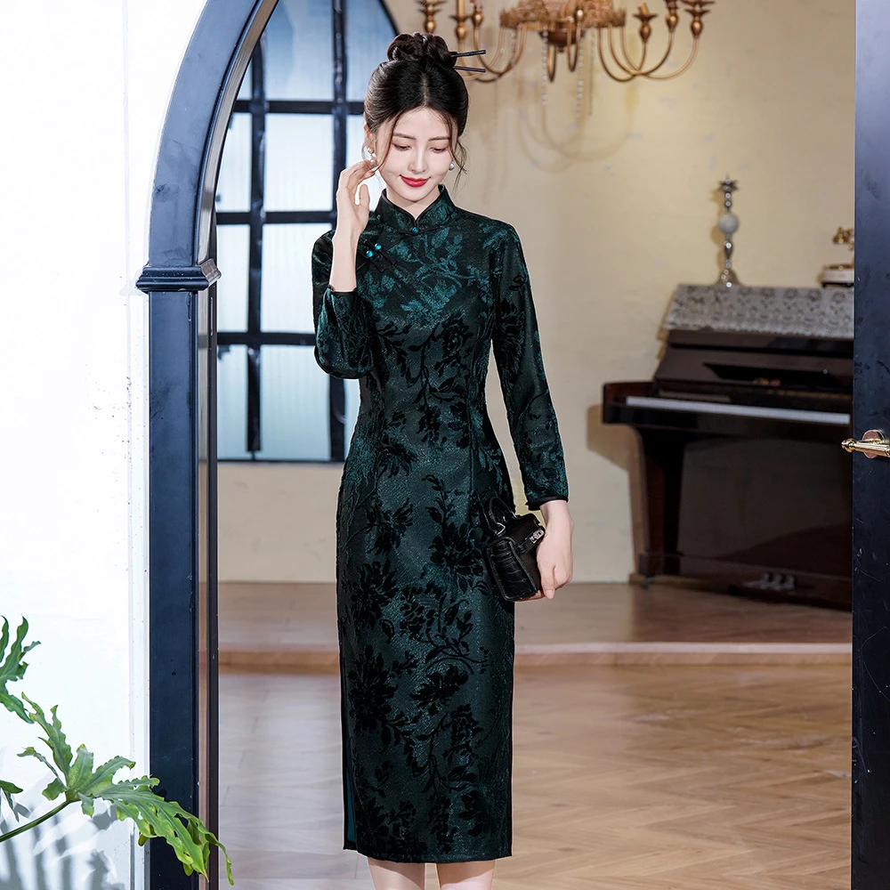 老上海复古中国风冬丝绒提花大码2024春秋季新款中长款裙