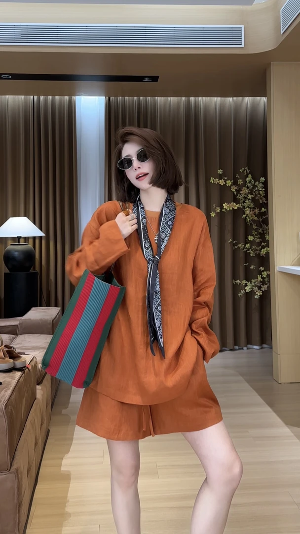 YYOUHAN 2025夏款小众设计极简风纯色净版亚麻长袖套装 2504C2149