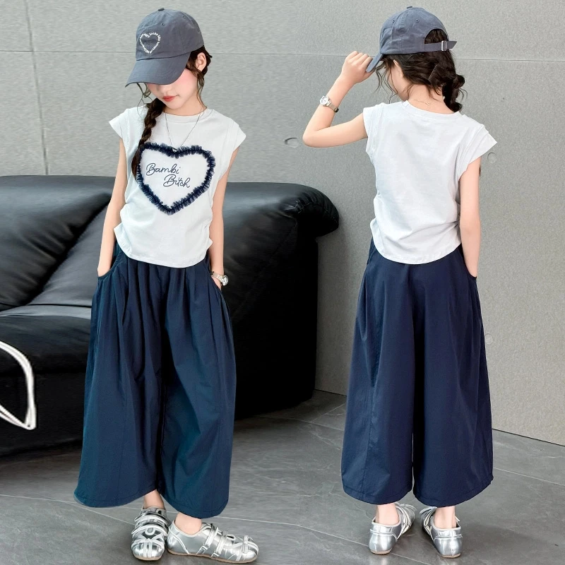 女童夏装套装2025新款儿童洋气薄款无袖爱心短袖夏季阔腿裤两件套