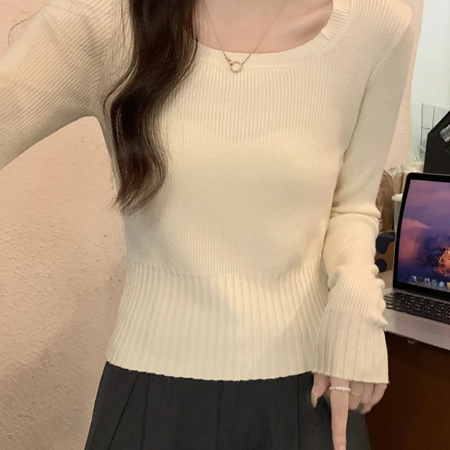 法国方领针织衫女式内搭衬衫秋冬修身短袖针织上衣适合小个子