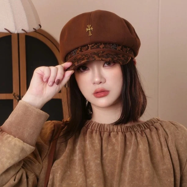 04882大淇原创复古风豹纹亮闪闪毛呢气质百搭八角帽