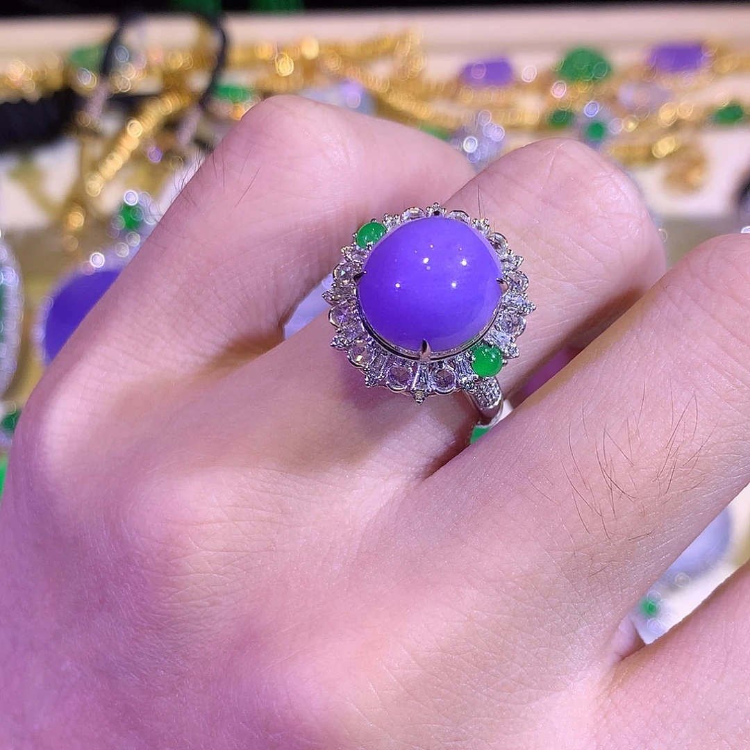 翡翠戒指18K金镶嵌紫罗兰不封底蛋面戒指