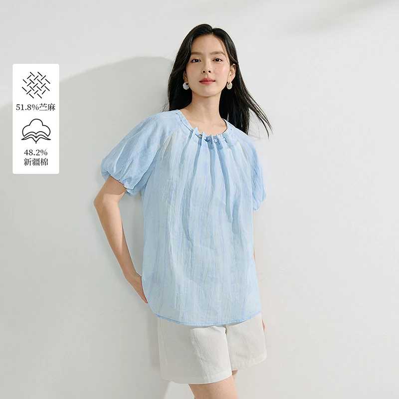 【一秒入夏】茵曼夏季圆领串珠褶皱棉苎麻欧若风泡泡袖短袖衬衫上衣