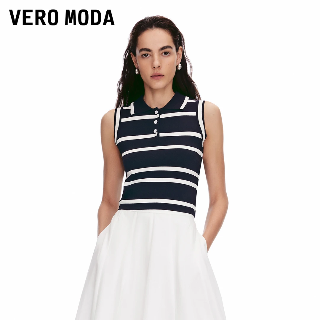 Vero Moda针织衫女2025夏季新款蓝白条纹撞色无袖运动洋气时尚T恤