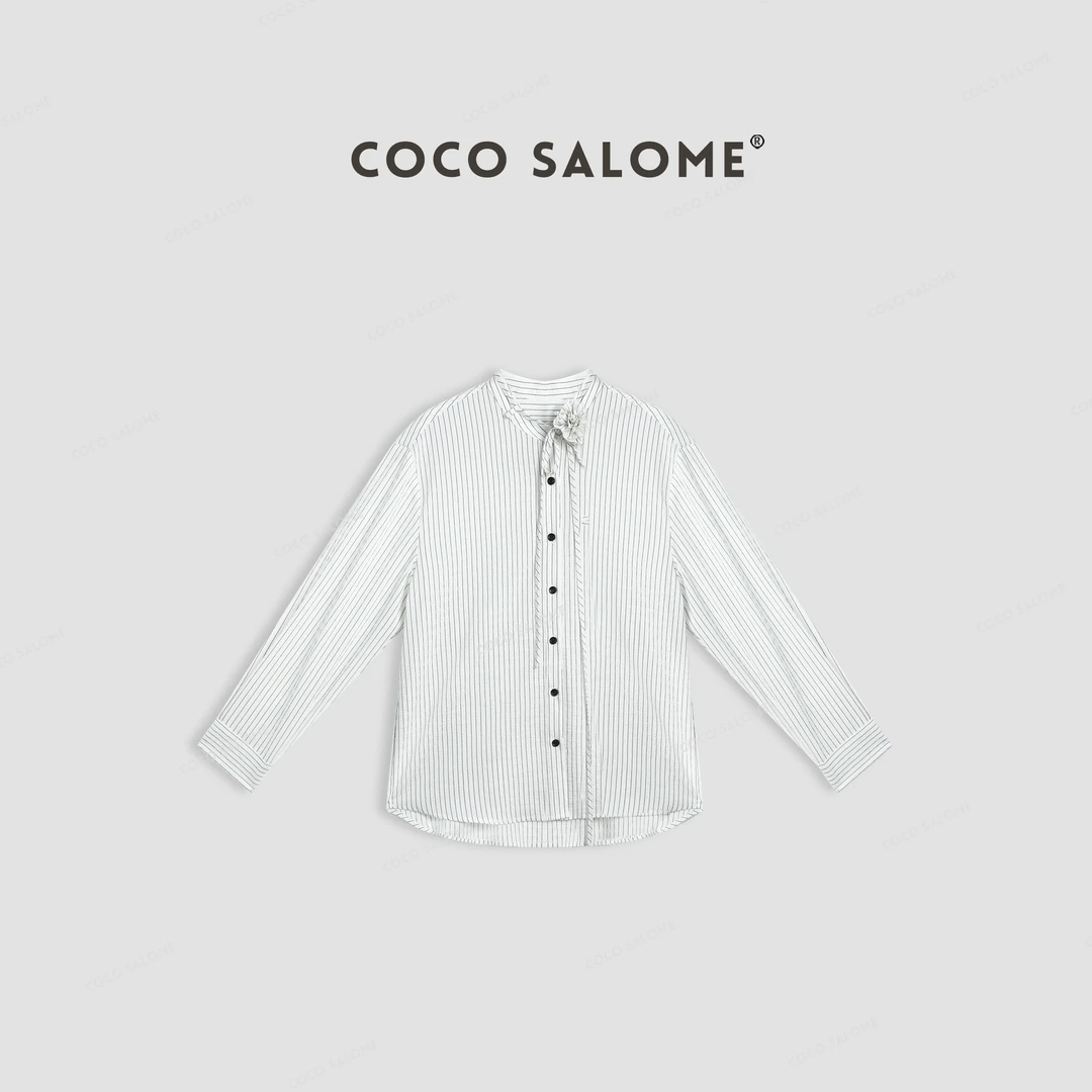 ⑴韩彬彬CS”美式衬衫”2025早春天丝条纹花朵系带衬衫1006