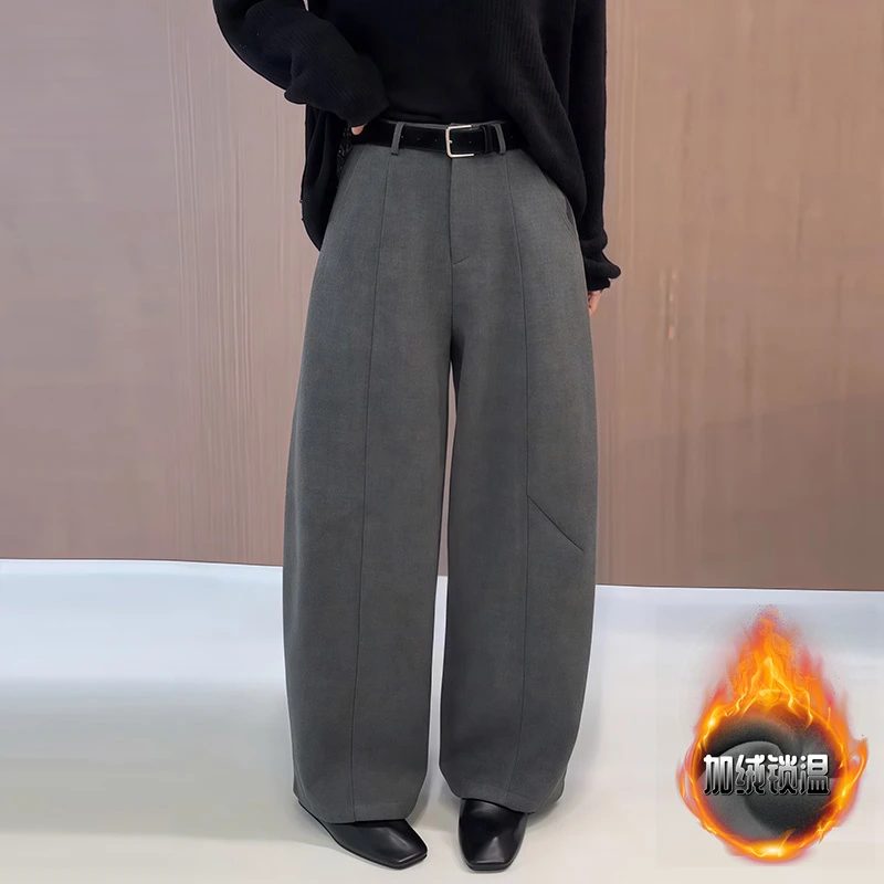 灰色毛呢弯刀裤女冬季流行新款宽松显瘦阔腿裤百搭减龄加绒休闲裤