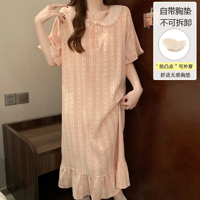 2025爆款带胸垫睡衣女夏季短袖云朵棉宽松大码睡裙女中长裙家居服