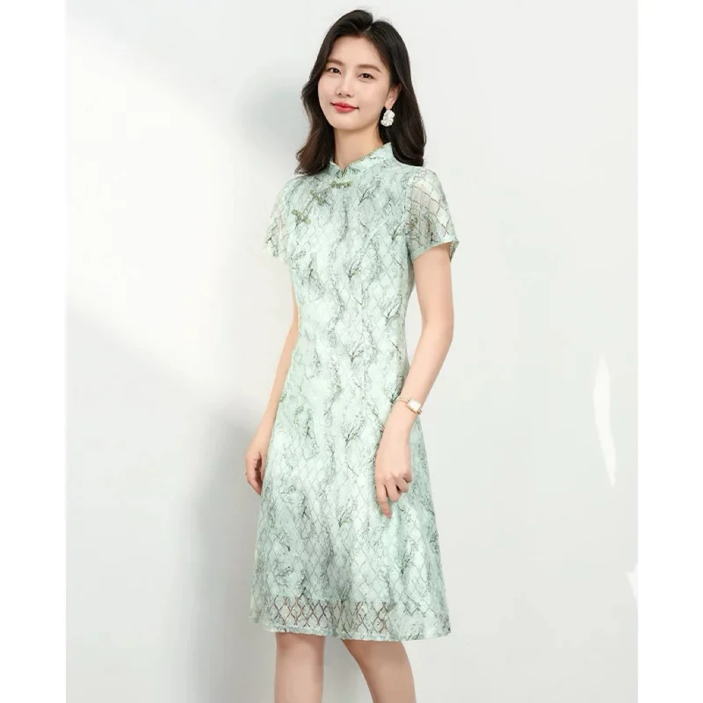 夏季新中式旗袍改良版网纱印花收腰连衣裙Q105