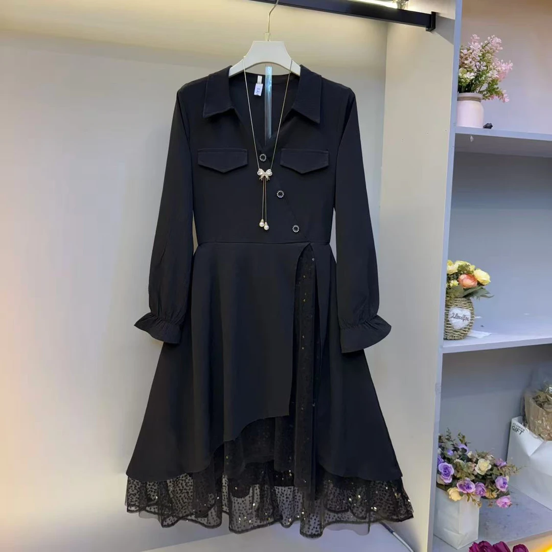 优雅翻领撞色拼接无弹长袖中长连衣裙通勤遮肉