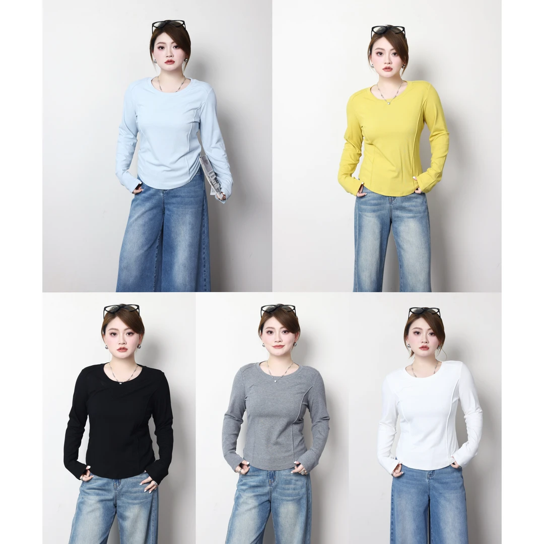 裂渡杨杨【曲线T】微胖大码女春百搭纯色显瘦修身分割T恤 ZY503F76