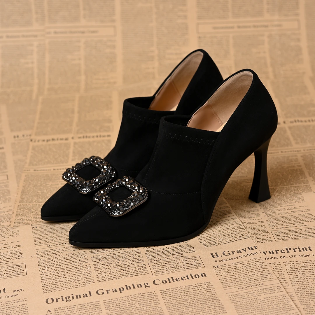 水钻方扣深口单鞋不累脚高跟职业优雅女鞋黑色尖头绒面弹力及裸靴