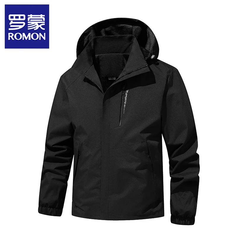 罗蒙防风连帽夹克男款春秋款休闲运动冲锋衣黑色百搭外套男款上衣