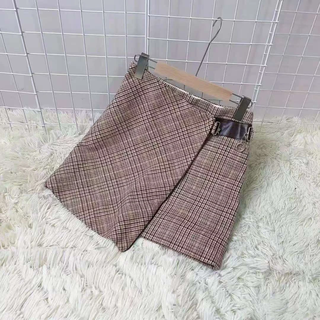 格纹秋冬A版毛呢不规则半身裙 09815