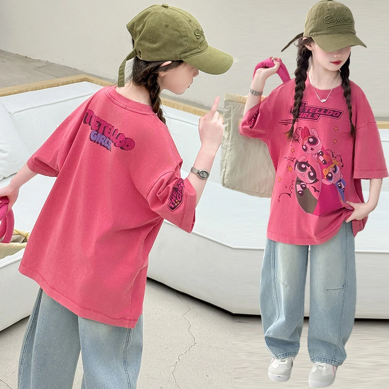 女童中大童2025夏季时尚休闲女童飞天女娃t恤弯刀牛仔裤套装