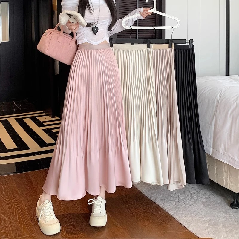 时尚醋酸缎面百褶半身裙女春秋新款中长款松紧高腰显瘦a字大摆裙