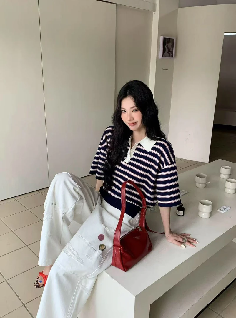 新疆包邮【Z723】polo领抽绳针织衫-衣长52