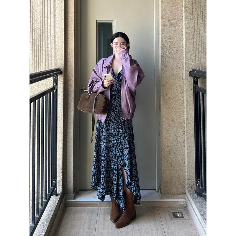 parkyeon紫色短款夹克皮衣外套上衣女秋季不规则碎花连衣裙套装