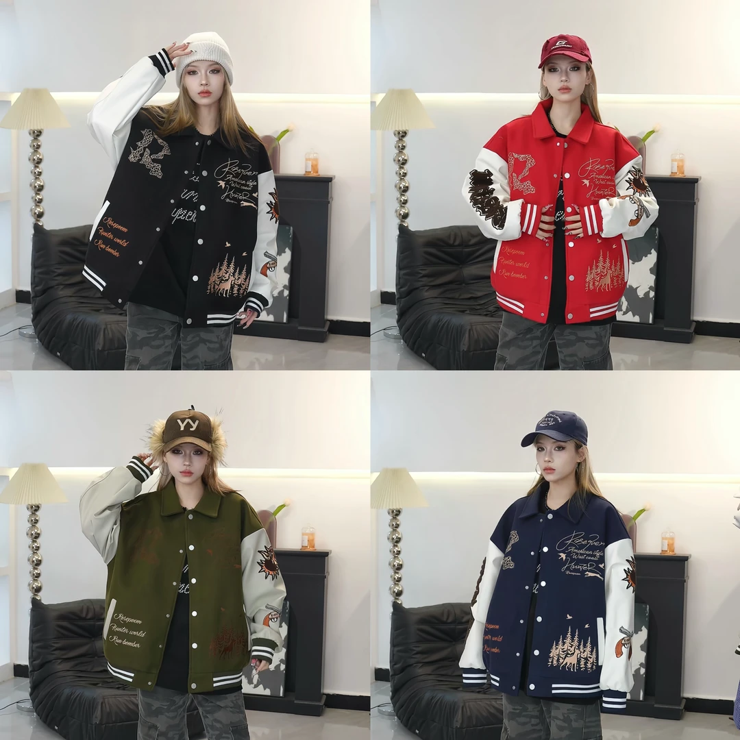 Rosepoem春款国潮牌重磅毛巾绣字母美式拼色棒球服夹克外套男女款