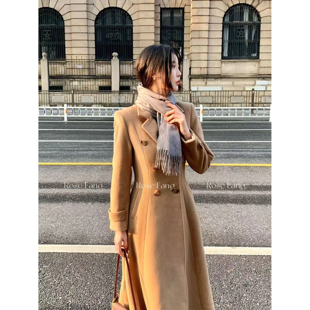 法式复古英伦呢子大衣秋冬长款设计师潮女装气质收腰显瘦外套5008