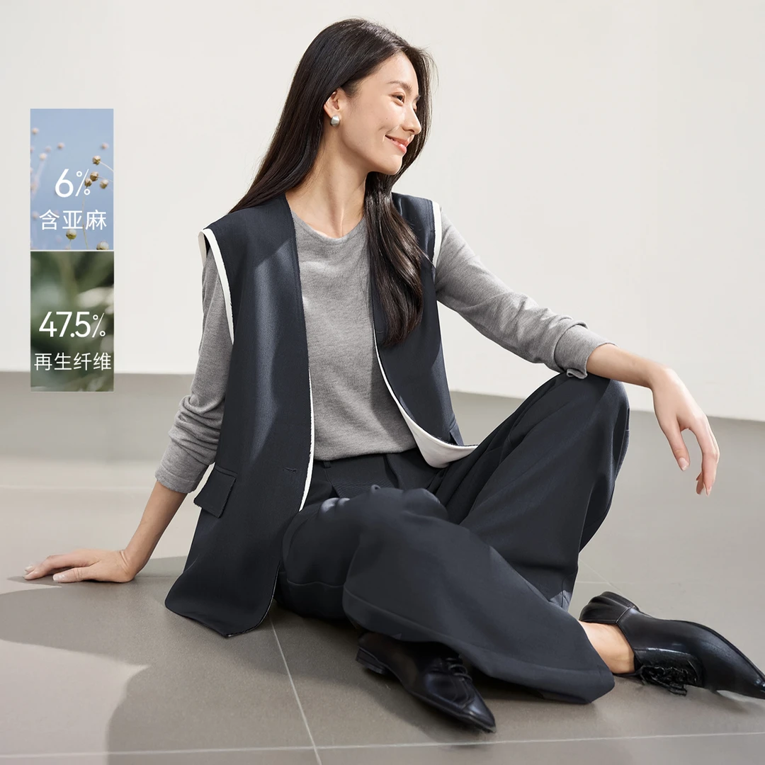 IHIMI/海谧【简约通勤马夹裤套】25秋季女无袖撞色马甲利落长裤套装