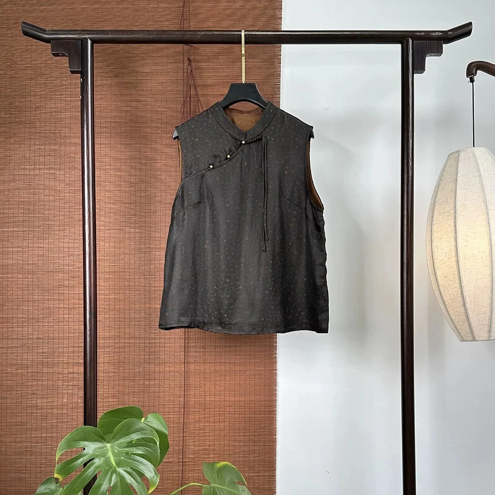 新款百分百桑蚕丝甲骨文斜襟小铜扣气质透气马甲小背心JX8966