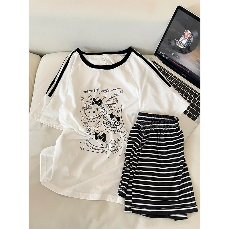 韩版网红可爱卡通HelloKitty印花短袖睡衣女夏款设计感家居服套装