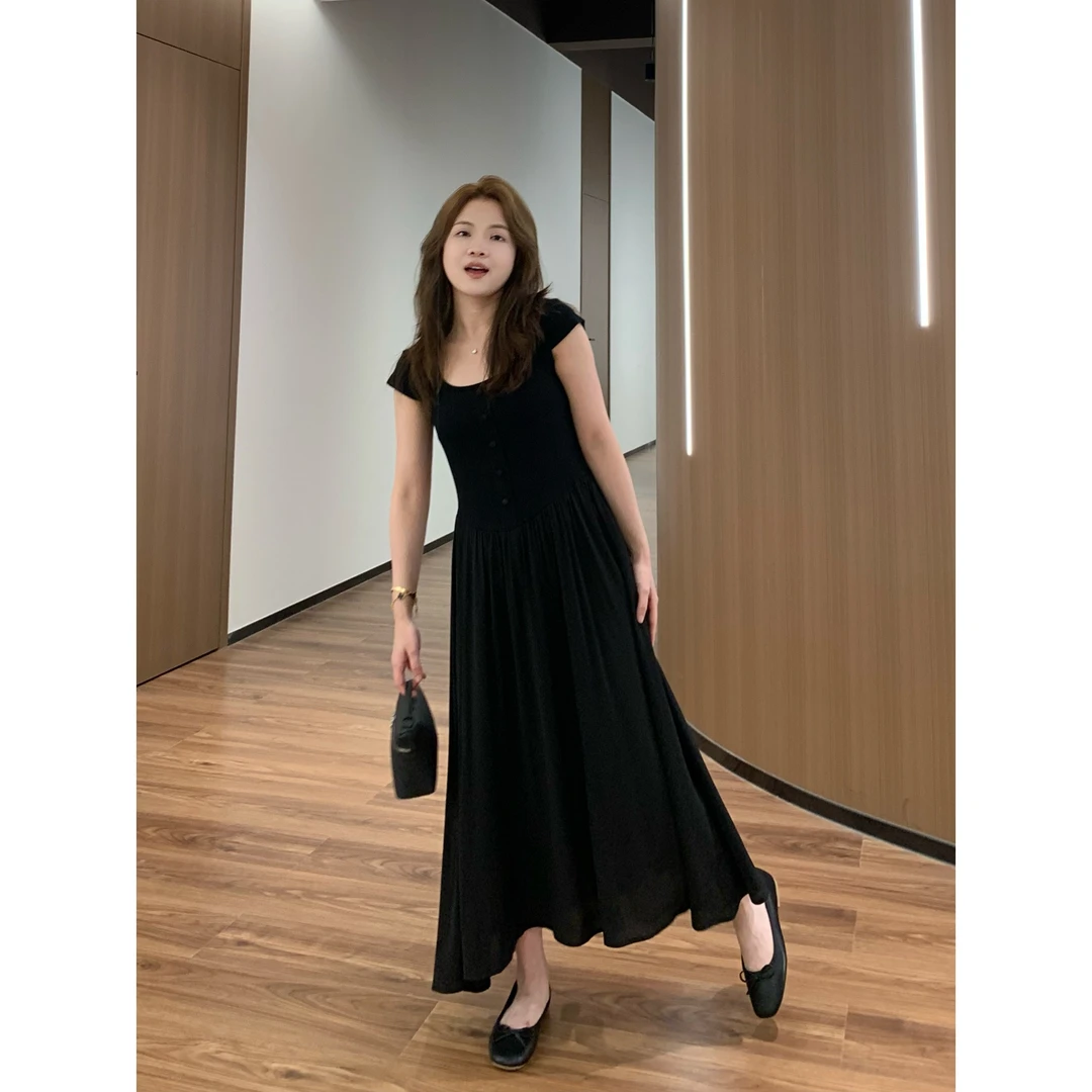 【折扣】YO定制方领短袖连衣裙夏季150小个子温柔风简约长裙子