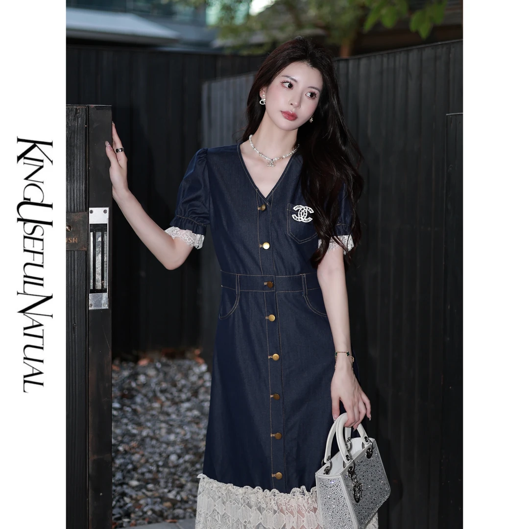 KUN【复古海派】优雅风丹宁 法式复古高腰蕾丝拼接牛仔收腰连衣裙