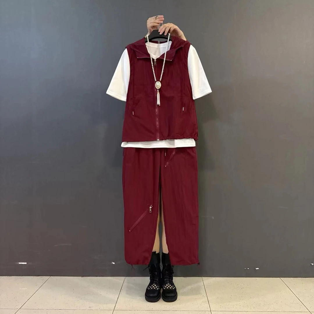 秋款大码连帽拉链马甲束腿裤圆领T恤休闲运动三件套