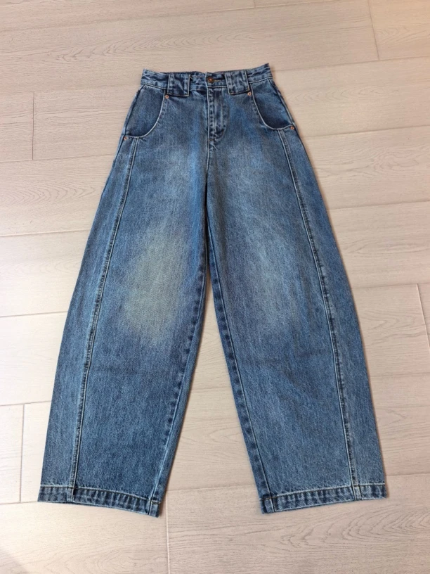 阿玉家&欧美潮流高腰超宽松阔腿显瘦拖地边线纹牛仔裤#61335