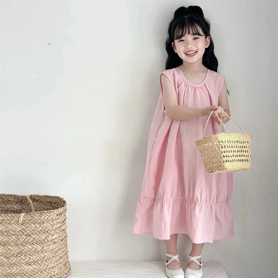 现货！女童连衣裙2025夏季新款儿童粉色度假风背心棉布裙夏装长款