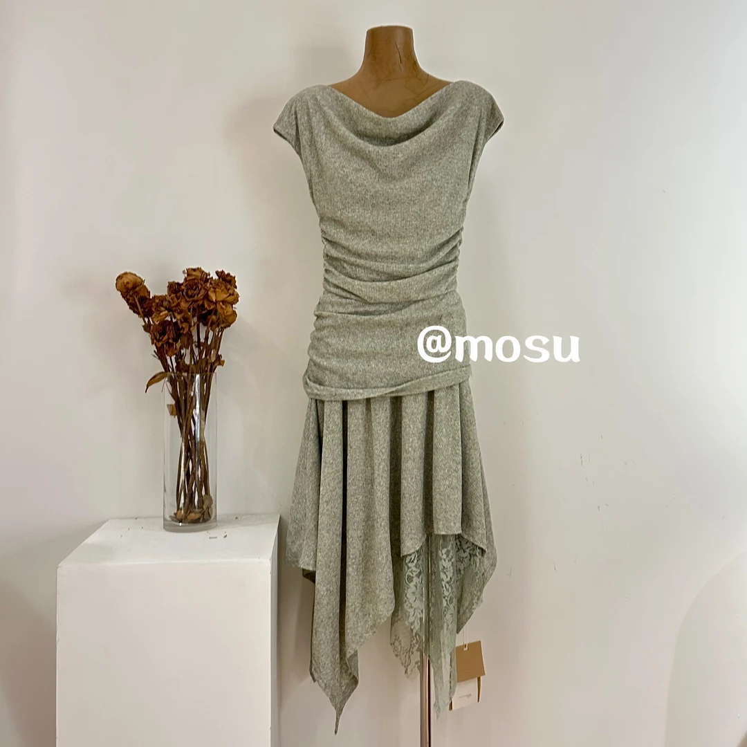 901050（mosu.新款）韩系气质收腰显瘦无袖荡领不规则连衣裙