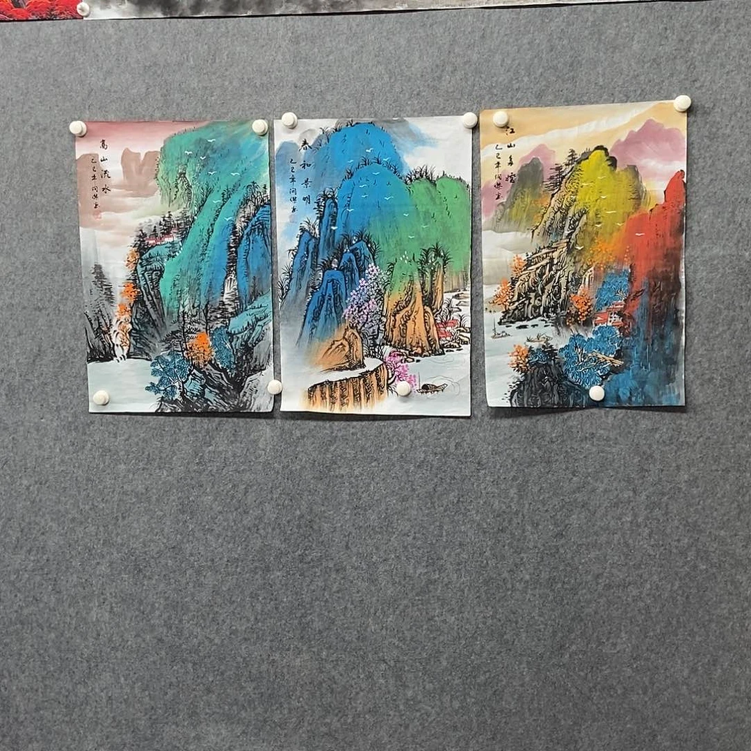 国画三副四尺三开泼彩山水