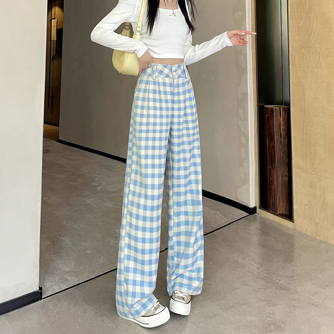 高腰阔腿裤女爆款2025新款小个子裤子慵懒风格子裤休闲宽松直筒裤