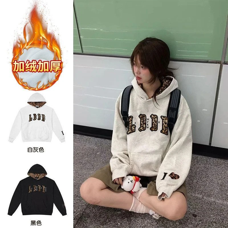 豹纹保暖上衣花宽松男卫衣刺绣加绒大码女装连帽新款秋冬休闲韩