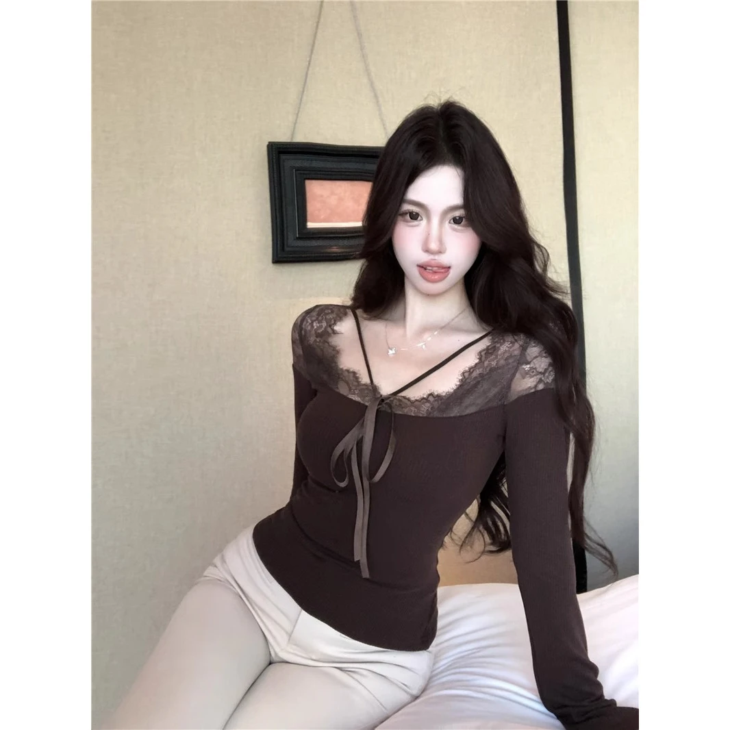 黑色蕾丝系带长袖打底衫T恤女春秋季纯欲甜辣妹修身内搭显瘦上衣