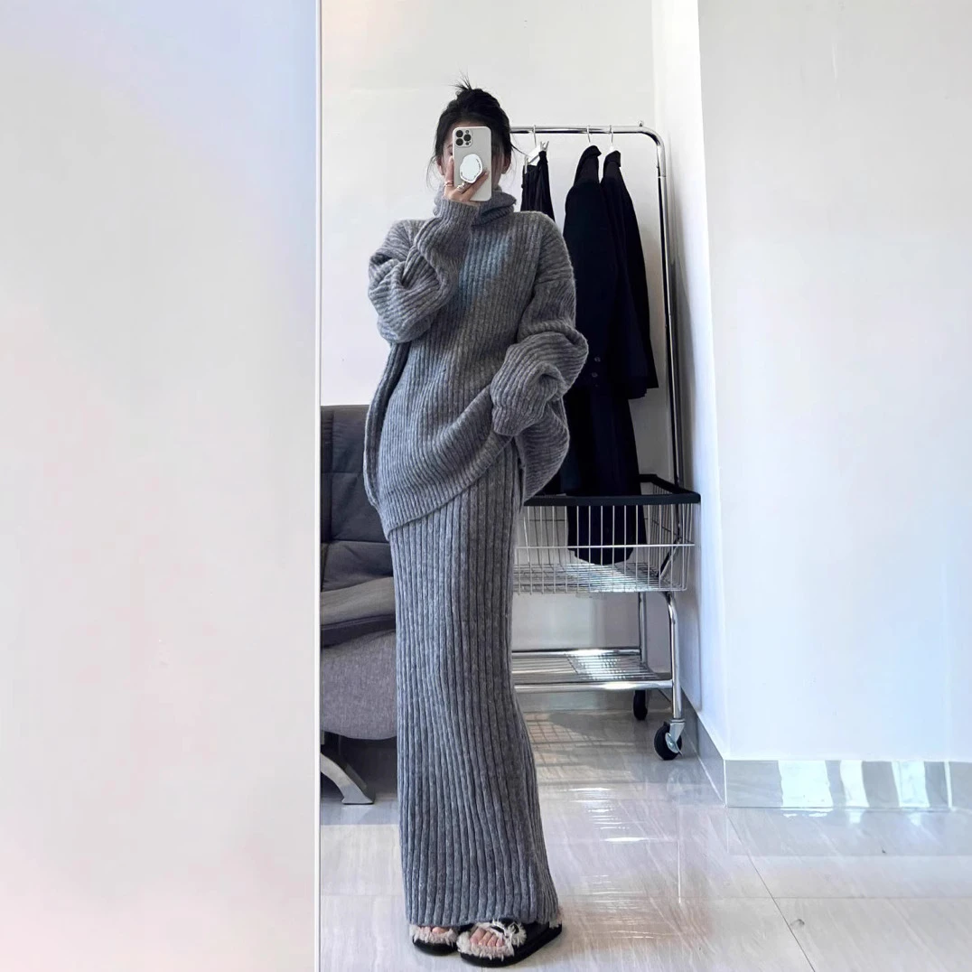 高级感轻奢名媛法式复古高领毛衣冷淡系时尚两件套装简约半裙优雅