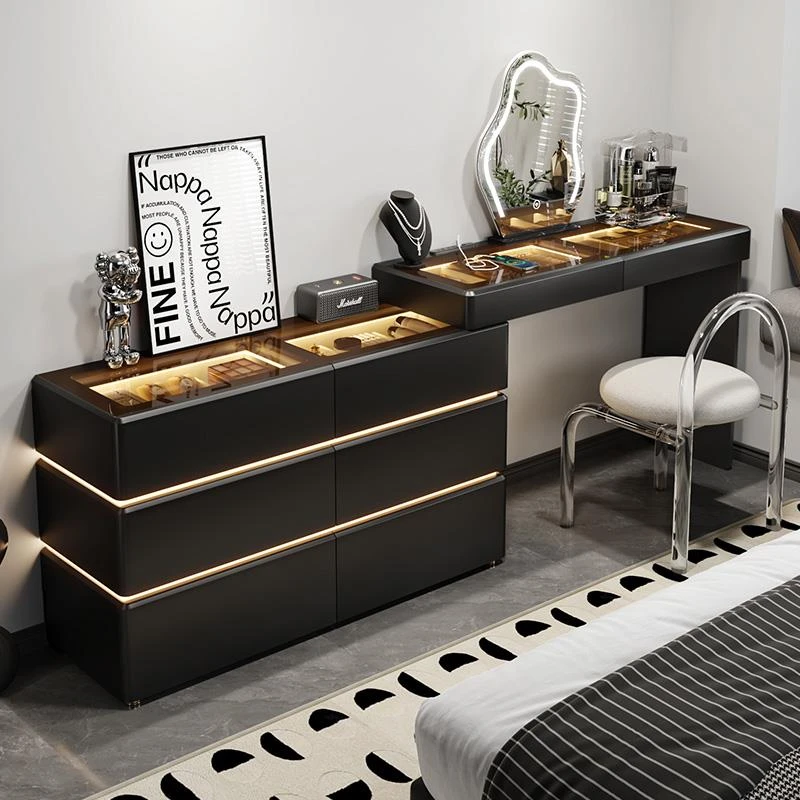 现代简约梳妆台斗柜一体床尾柜卧室收纳柜子化妆桌可伸缩黑色30cm