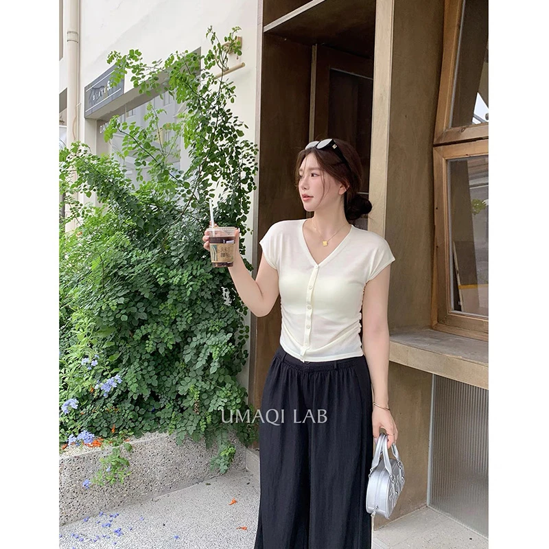 少女的梦 微胖mm V领针织T恤短袖小飞袖收腰显瘦打底衫