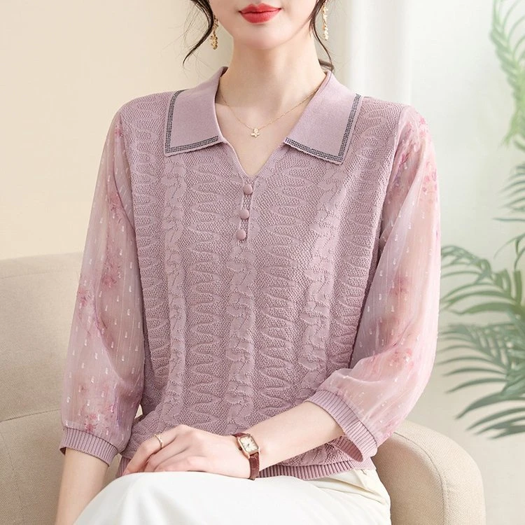 中老年女装春夏新款弹力大码妈妈装七分袖薄款洋气翻领小衫26