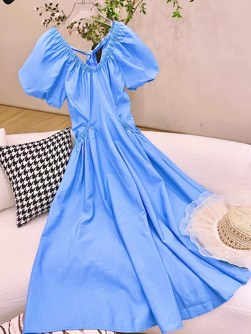 琳心丨夏季新款时尚气质蓝色泡泡袖低龄连衣裙 5860